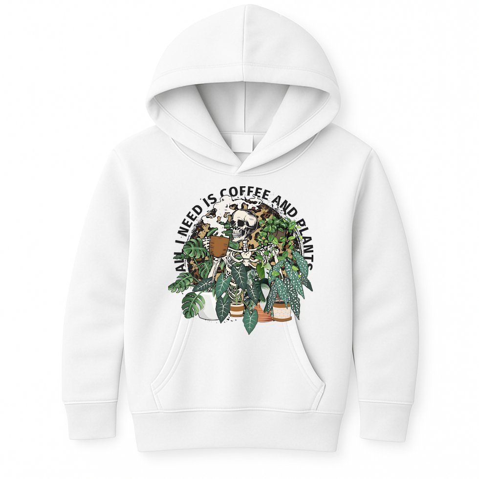 All I Need Is Coffee And Plants Funny Skeleton Gardening Lover Kids Hoodie