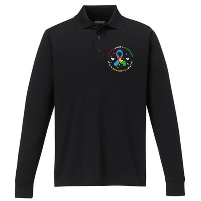 Autism Is Not A Disability It's A Different Ability Ribbon Pluzzle Performance Long Sleeve Polo