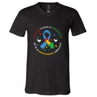 Autism Is Not A Disability It's A Different Ability Ribbon Pluzzle V-Neck T-Shirt