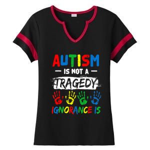 Autism Is Not A Tragedy Ignorance Is Autism Awareness Puzzle Ladies Halftime Notch Neck Tee