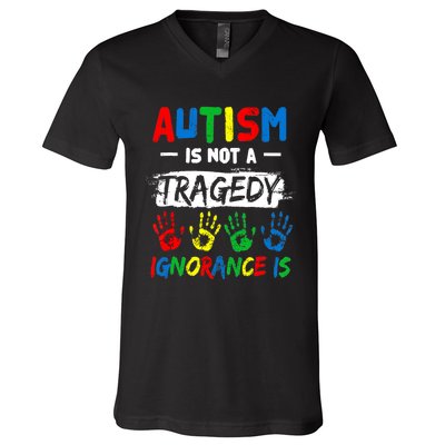 Autism Is Not A Tragedy Ignorance Is Autism Awareness Puzzle V-Neck T-Shirt