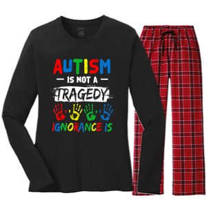 Autism Is Not A Tragedy Ignorance Is Autism Awareness Puzzle Women's Long Sleeve Flannel Pajama Set 