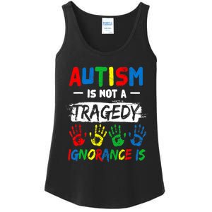 Autism Is Not A Tragedy Ignorance Is Autism Awareness Puzzle Ladies Essential Tank