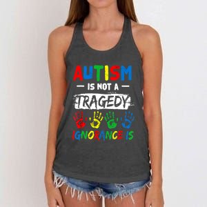 Autism Is Not A Tragedy Ignorance Is Autism Awareness Puzzle Women's Knotted Racerback Tank