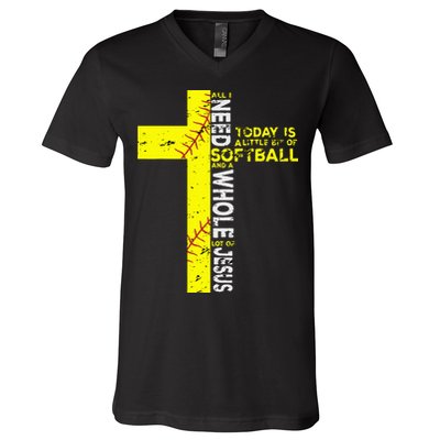 All I Need Is Softball & Jesus Christian Faith Cross V-Neck T-Shirt
