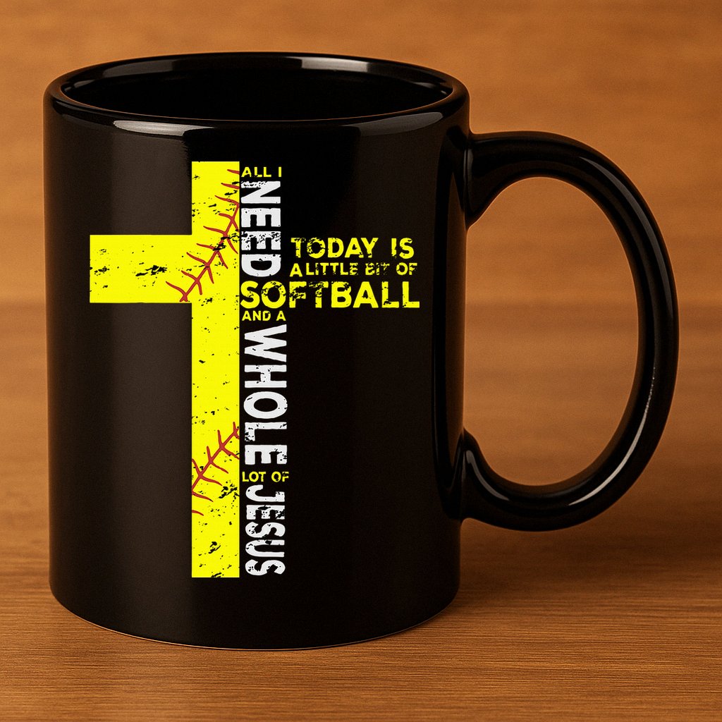 All I Need Is Softball & Jesus Christian Faith Cross 11oz C Handle Ceramic Mug