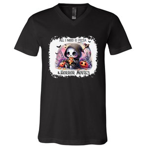 All I Need Is Pizza And Horror Movies Cute Skeleton Happy V-Neck T-Shirt