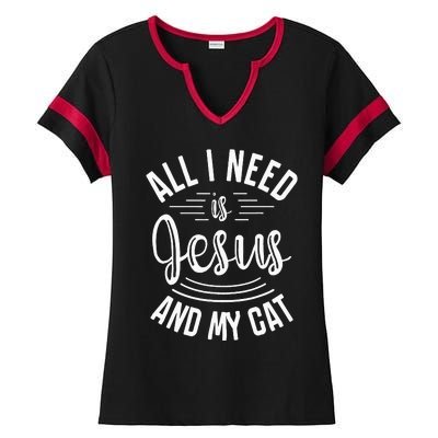 All I Need Is Jesus And My Cat Christian and Cat Lover Ladies Halftime Notch Neck Tee