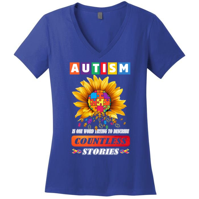 Autism Is One World Trying To Describe Millions Of Stories Funny Gift Women's V-Neck T-Shirt