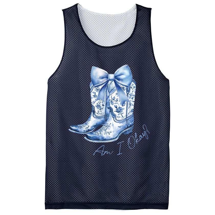 Am I Okay Boot Cowgirl Coquette Bow Mesh Reversible Basketball Jersey Tank