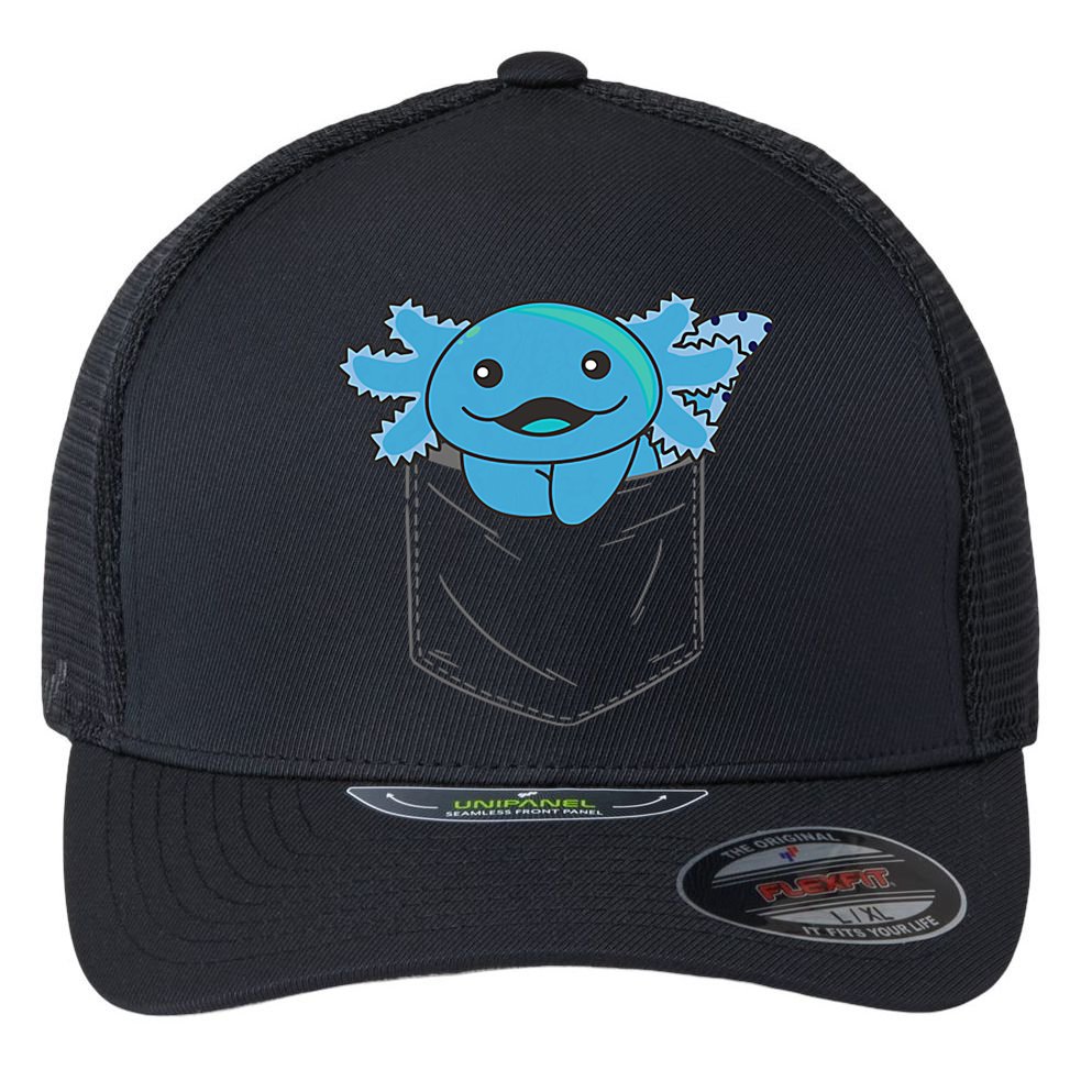 Axolotl In Pocket Blue Axolotls In Breast Pocket Flexfit Unipanel Trucker Cap