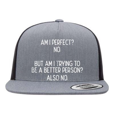 Am I Perfect No Trying Better Person Funny Sayings Flat Bill Trucker Hat