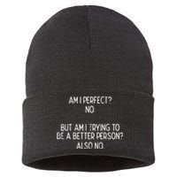 Am I Perfect No Trying Better Person Funny Sayings Sustainable Knit Beanie