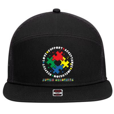 Acceptance Inclusion Respect Love Support Autism Awareness Gift 7 Panel Mesh Trucker Snapback Hat