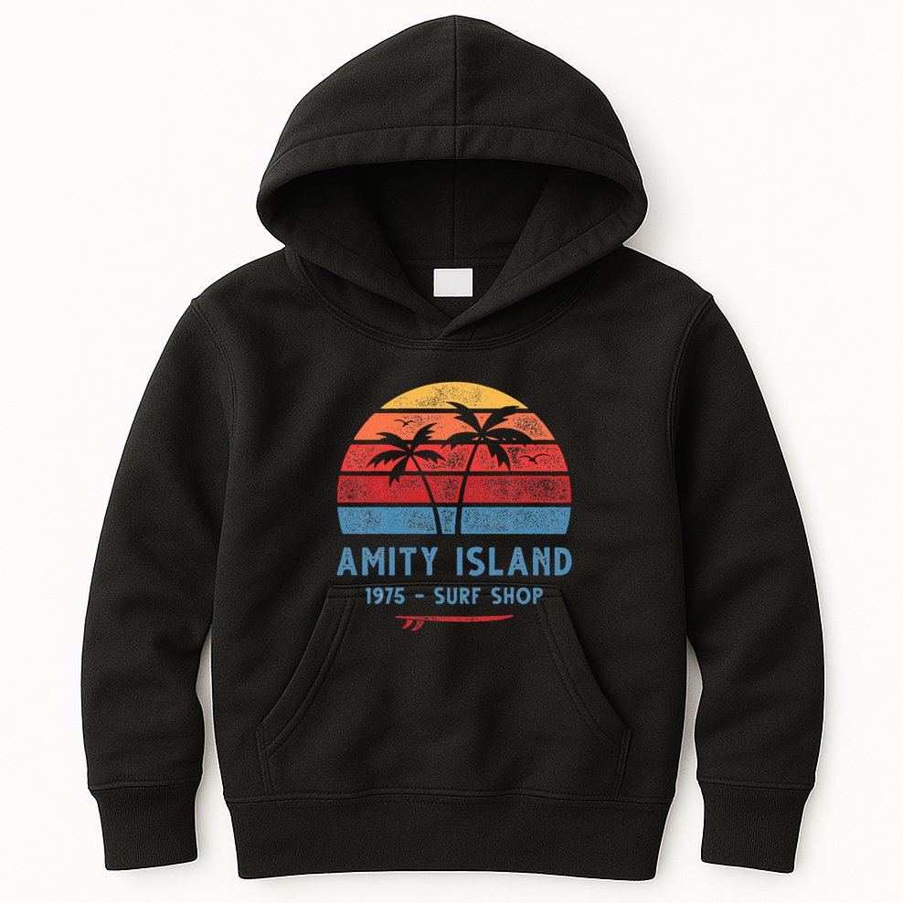 Amity Island Surfing 1975 Surf Shop Sunset Surfing Vintage T Kids Hoodie