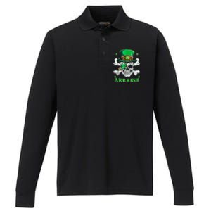 Arrrish Irish Shamrock Clover Skull St Patricks Day Performance Long Sleeve Polo