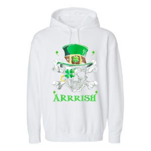 Arrrish Irish Shamrock Clover Skull St Patricks Day Garment-Dyed Fleece Hoodie