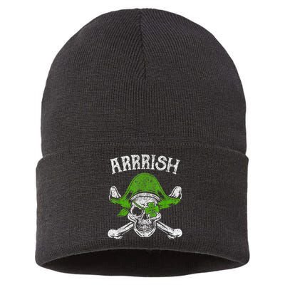 Arrrish Irish Shamrock Clover Skull St Patricks Day Sustainable Knit Beanie