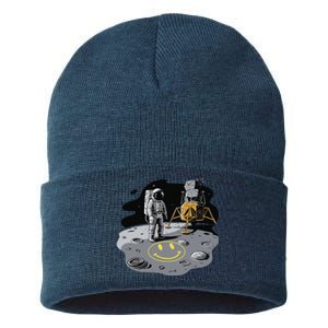 Astronaut In Space Suit Draws A Smile On The Moon In Yellow Sustainable Knit Beanie