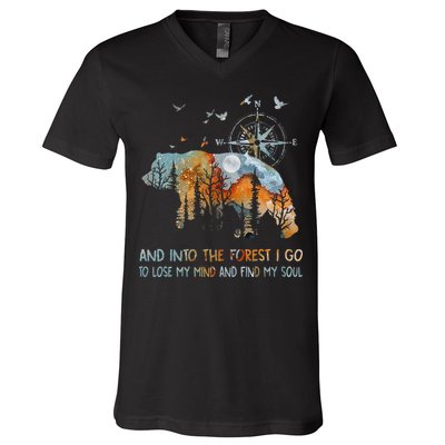 And Into The Forest I Go To Lose My Mind Camping Bear V-Neck T-Shirt