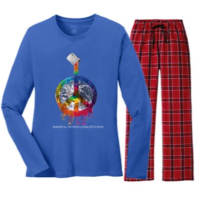 And I Think To Myself What A Wonderful World Peace Symbol Cool Gift Women's Long Sleeve Flannel Pajama Set 