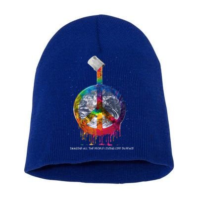 And I Think To Myself What A Wonderful World Peace Symbol Cool Gift Short Acrylic Beanie