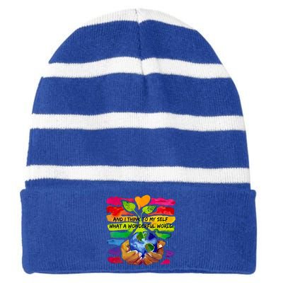 And I Think To My S What A Wonderful World Gift Striped Beanie with Solid Band