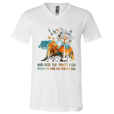 And Into The Forest I Go To Lose My Mind Camping Bear V-Neck T-Shirt