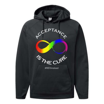 Acceptance Is The Cure Hastag Red Instead Autism Awareness Performance Fleece Hoodie