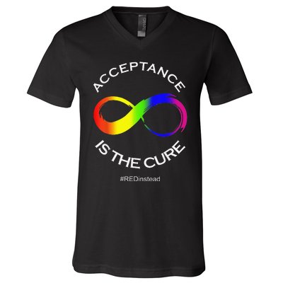 Acceptance Is The Cure Hastag Red Instead Autism Awareness V-Neck T-Shirt