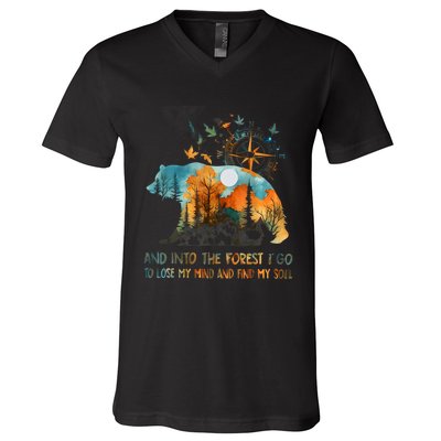 And Into The Forest I Go To Lose My Mind Camping Bear V-Neck T-Shirt