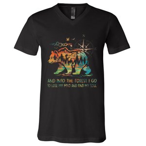 And Into The Forest I Go To Lose My Mind Camping Bear Retro V-Neck T-Shirt