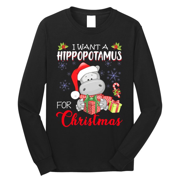 All I Want For Christmas Is Hippopotamus Cute Hippo Xmas Long Sleeve Shirt