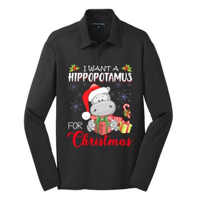 All I Want For Christmas Is Hippopotamus Cute Hippo Xmas Silk Touch Performance Long Sleeve Polo