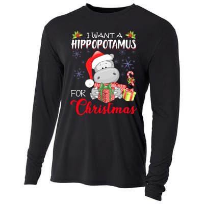 All I Want For Christmas Is Hippopotamus Cute Hippo Xmas Cooling Performance Long Sleeve Crew