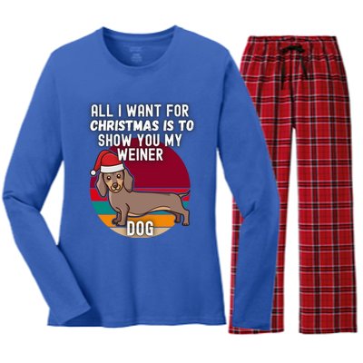 All I Want For Christmas Is Show You My Weiner Dog Dachshund Cute Gift Women's Long Sleeve Flannel Pajama Set 