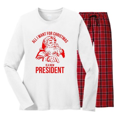 All I Want For Christmas Is A New President Funny Santa Xmas Women's Long Sleeve Flannel Pajama Set 