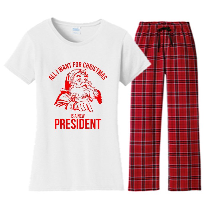 All I Want For Christmas Is A New President Funny Santa Xmas Women's Flannel Pajama Set