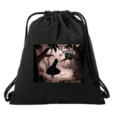 Alice In Wonderland Alice And Cheshire Cat Silhouette Drawstring Bag