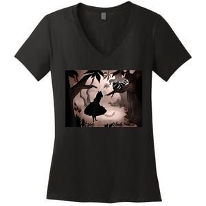 Alice In Wonderland Alice And Cheshire Cat Silhouette Women's V-Neck T-Shirt