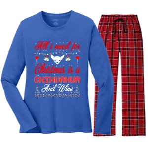 All I Want For Christmas Chihuahua And Wine Gift Funny Gift Women's Long Sleeve Flannel Pajama Set 