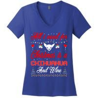 All I Want For Christmas Chihuahua And Wine Gift Funny Gift Women's V-Neck T-Shirt