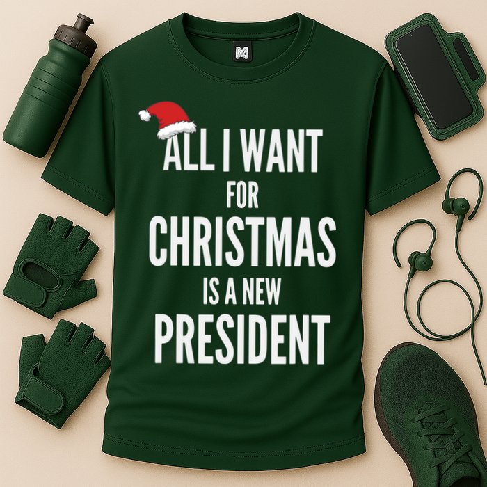 All I Want For Christmas Is A New President Santa Hat Cooling Performance Crew T-Shirt