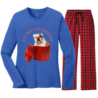 All I Want For Christmas English Bulldog Cool Gift Women's Long Sleeve Flannel Pajama Set 