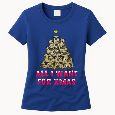 All I Want For Xmas Pugs For Christmas Pug Tree Star Gift Womens T-Shirt