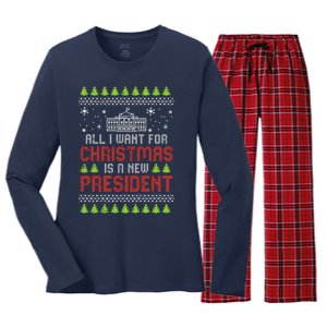 All I Want For Christmas New President Ugly Xmas Women's Long Sleeve Flannel Pajama Set 