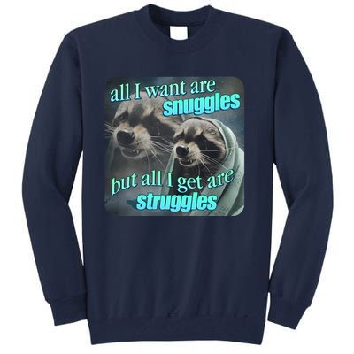 All I Want Are Snuggles But All I Get Are Struggles Raccoon Word Art Meme Tall Sweatshirt