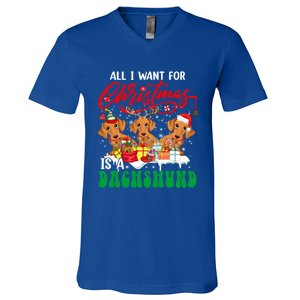 All I Want For Xmas Is A Dachshund Three Santa Reindeer Dogs Gift V-Neck T-Shirt