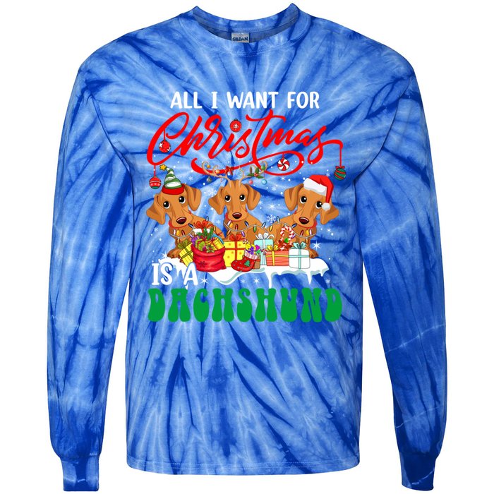 All I Want For Xmas Is A Dachshund Three Santa Reindeer Dogs Gift Tie-Dye Long Sleeve Shirt