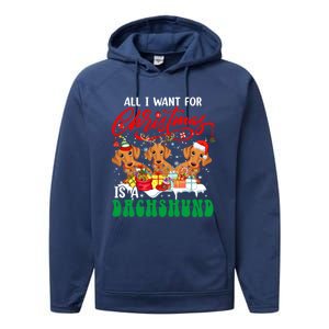 All I Want For Xmas Is A Dachshund Three Santa Reindeer Dogs Gift Performance Fleece Hoodie